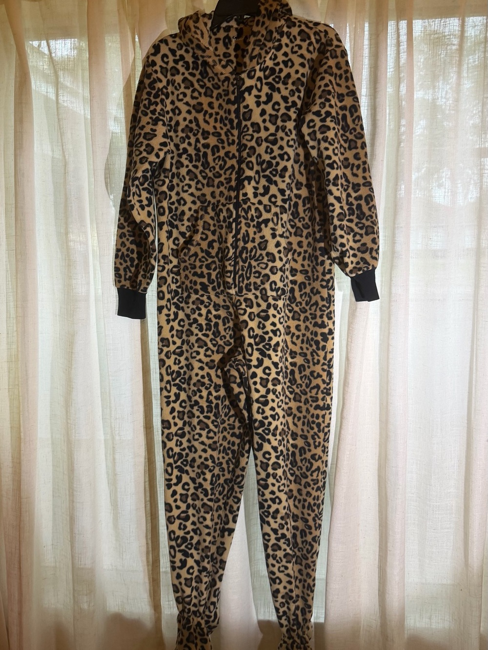 Leopard Print Footie Pajamas in Tan & Black - Women's Cozy Onesie